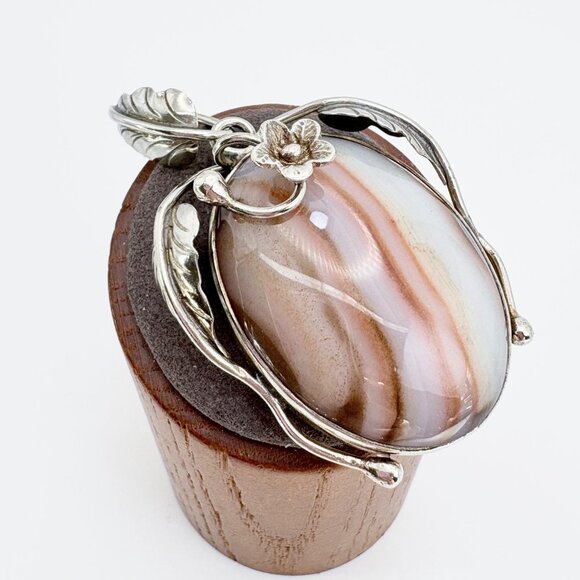 VTG Sterling Silver 925 Banded Agate Leaf Design Pendant Size 2.5" Length - Picture 2 of 11